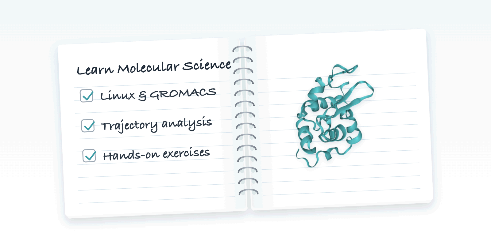 An open notebook of molecular-science course notes beside a protein ribbon